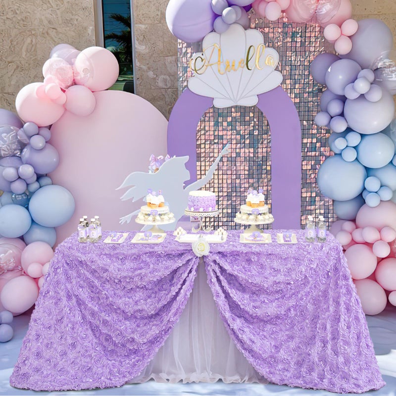 Fanqisi Lavender Tablecloth 50x80 Inches Rosette Satin Tablecloth 3D Rosette Rectangle Table Cover Wedding Banquet Party Baby Shower Decor Table Cloth - Image 1
